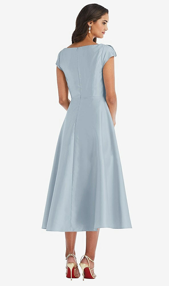 Back View - Mist Puff Cap Sleeve Full Skirt Satin Midi Dress