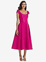 Front View Thumbnail - Think Pink Puff Cap Sleeve Full Skirt Satin Midi Dress