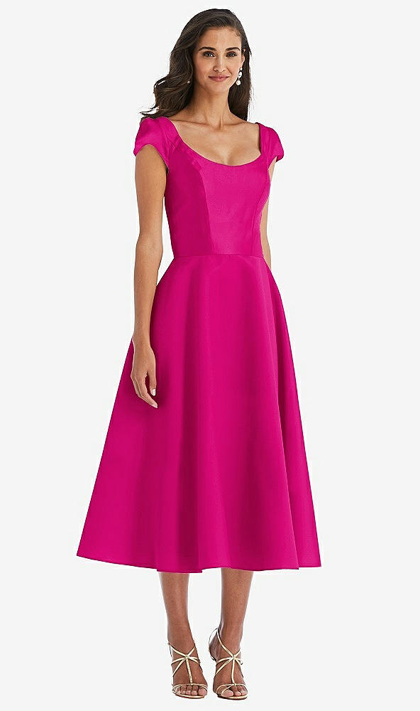 Front View - Think Pink Puff Cap Sleeve Full Skirt Satin Midi Dress