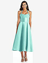 Front View Thumbnail - Coastal Tie-Neck Halter Full Skirt Satin Midi Dress