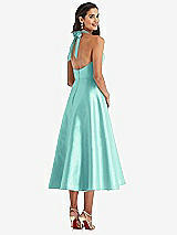 Rear View Thumbnail - Coastal Tie-Neck Halter Full Skirt Satin Midi Dress