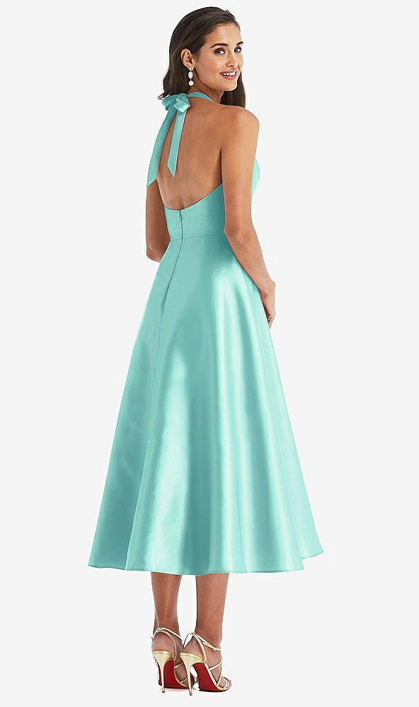 Back View - Coastal Tie-Neck Halter Full Skirt Satin Midi Dress