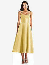 Front View Thumbnail - Maize Tie-Neck Halter Full Skirt Satin Midi Dress