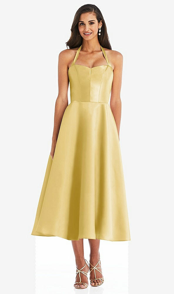 Front View - Maize Tie-Neck Halter Full Skirt Satin Midi Dress