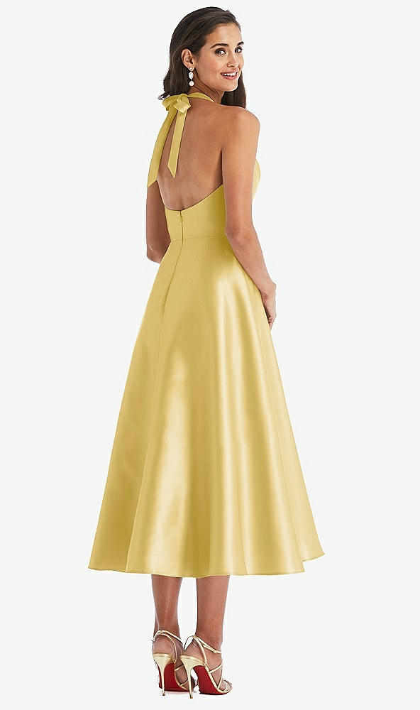 Back View - Maize Tie-Neck Halter Full Skirt Satin Midi Dress