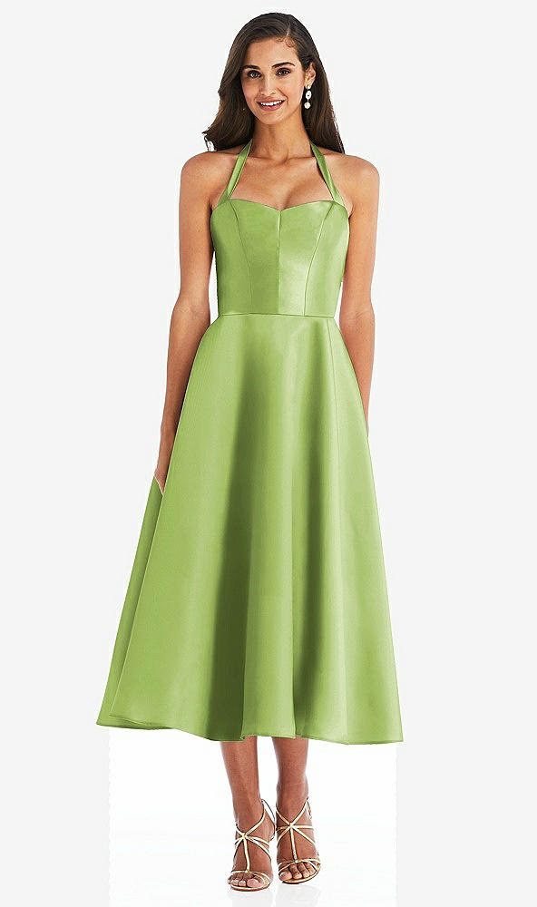 Front View - Mojito Tie-Neck Halter Full Skirt Satin Midi Dress