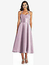 Front View Thumbnail - Suede Rose Tie-Neck Halter Full Skirt Satin Midi Dress