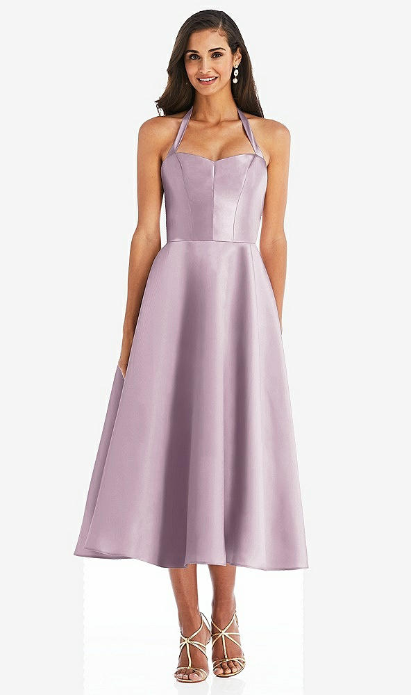 Front View - Suede Rose Tie-Neck Halter Full Skirt Satin Midi Dress