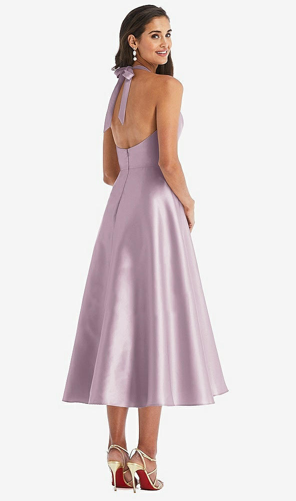 Back View - Suede Rose Tie-Neck Halter Full Skirt Satin Midi Dress