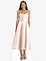 Front View Thumbnail - Blush Tie-Neck Halter Full Skirt Satin Midi Dress