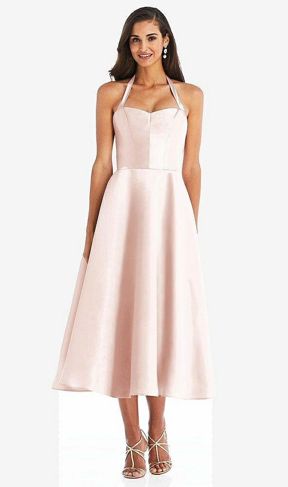 Front View - Blush Tie-Neck Halter Full Skirt Satin Midi Dress