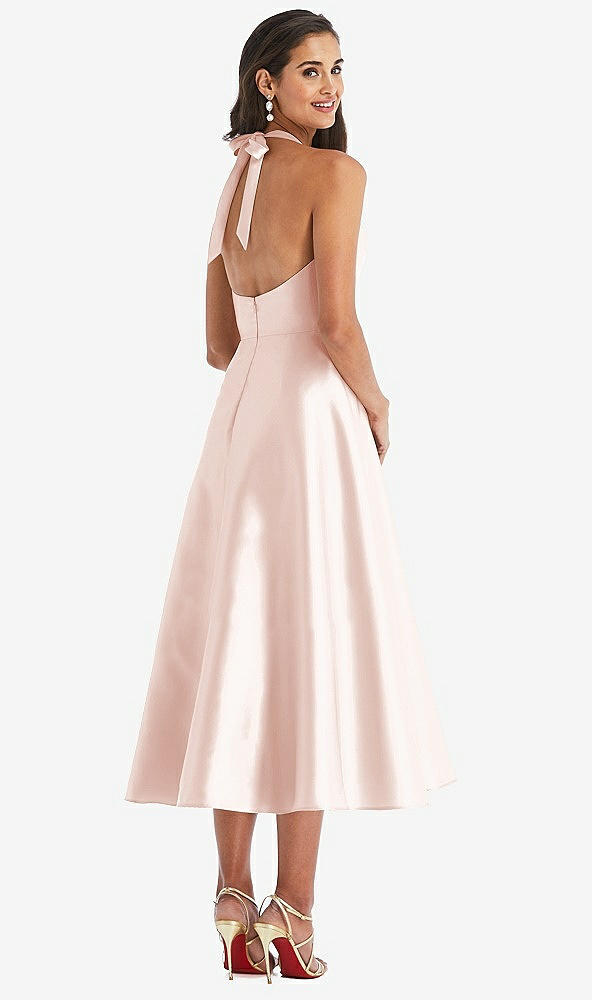 Back View - Blush Tie-Neck Halter Full Skirt Satin Midi Dress