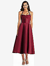 Front View Thumbnail - Burgundy Tie-Neck Halter Full Skirt Satin Midi Dress