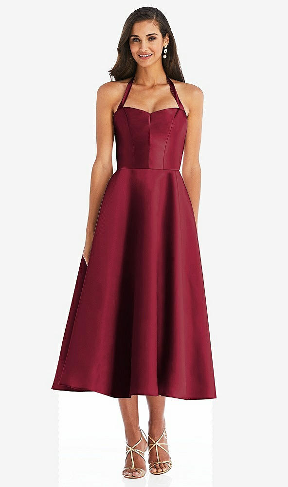 Front View - Burgundy Tie-Neck Halter Full Skirt Satin Midi Dress