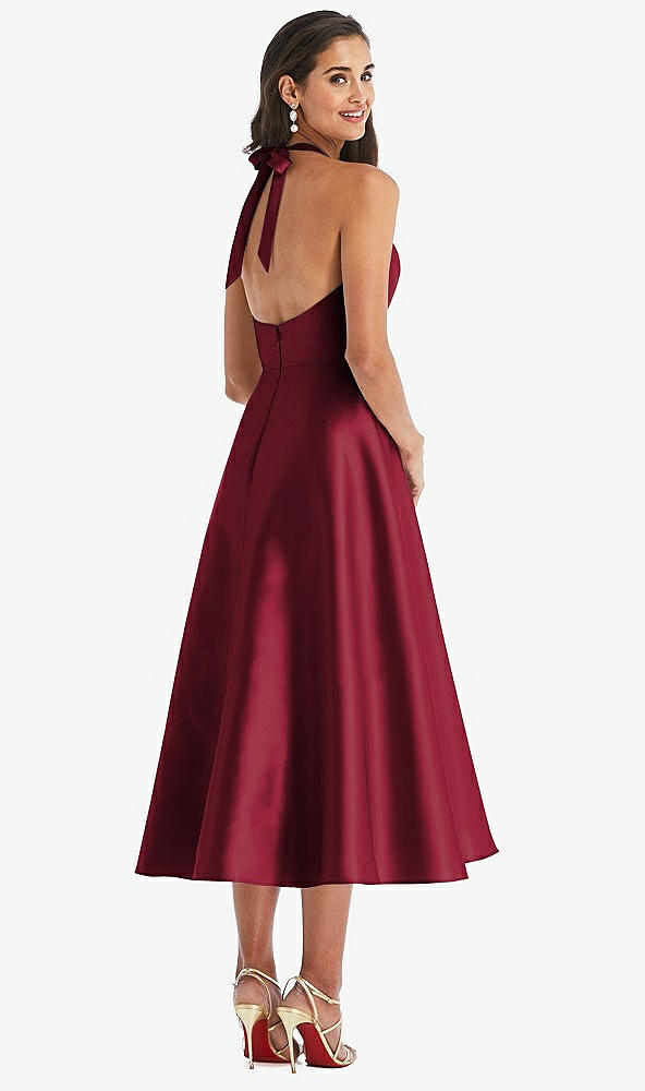 Back View - Burgundy Tie-Neck Halter Full Skirt Satin Midi Dress