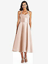 Front View Thumbnail - Cameo Tie-Neck Halter Full Skirt Satin Midi Dress