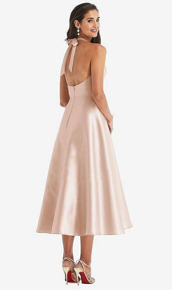 Back View - Cameo Tie-Neck Halter Full Skirt Satin Midi Dress