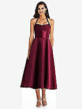 Front View Thumbnail - Cabernet Tie-Neck Halter Full Skirt Satin Midi Dress