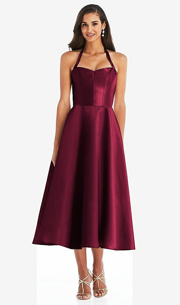 Front View - Cabernet Tie-Neck Halter Full Skirt Satin Midi Dress