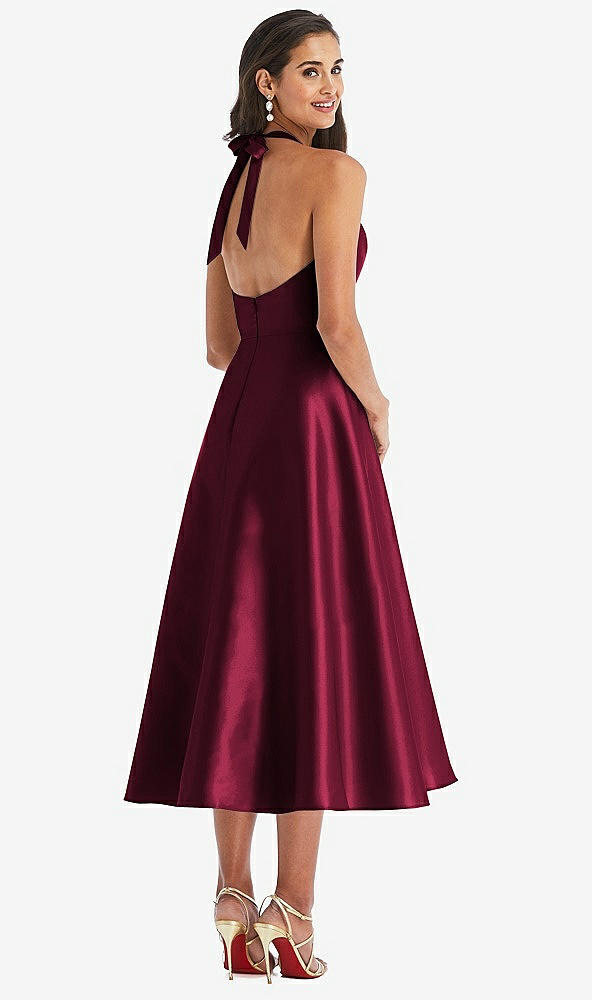 Back View - Cabernet Tie-Neck Halter Full Skirt Satin Midi Dress