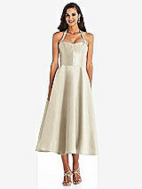 Front View Thumbnail - Champagne Tie-Neck Halter Full Skirt Satin Midi Dress