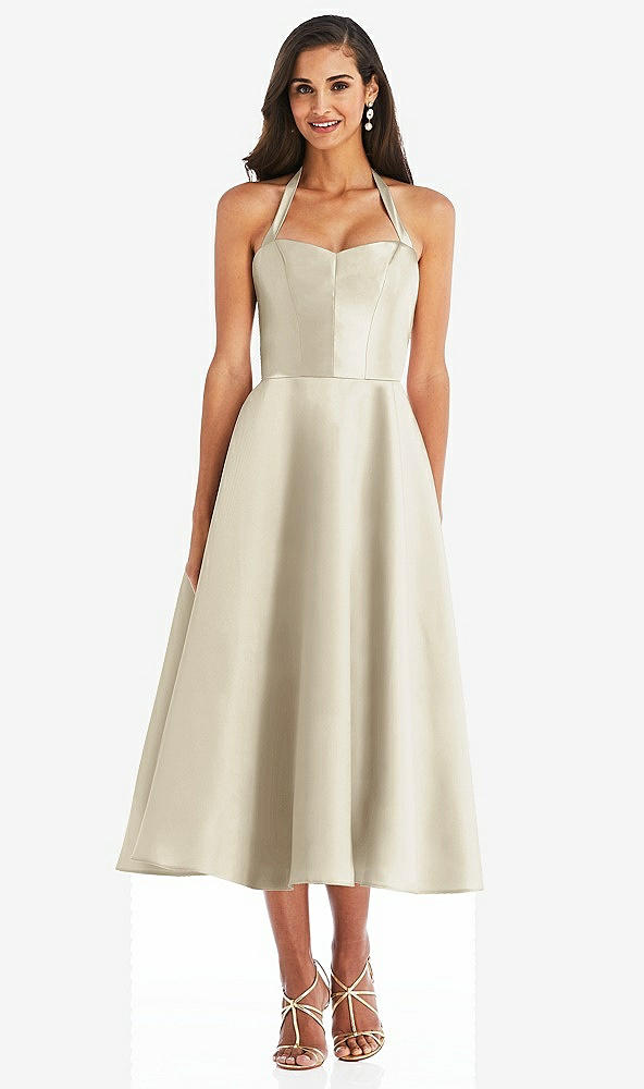 Front View - Champagne Tie-Neck Halter Full Skirt Satin Midi Dress