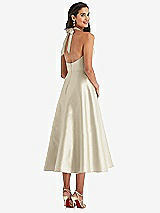 Rear View Thumbnail - Champagne Tie-Neck Halter Full Skirt Satin Midi Dress