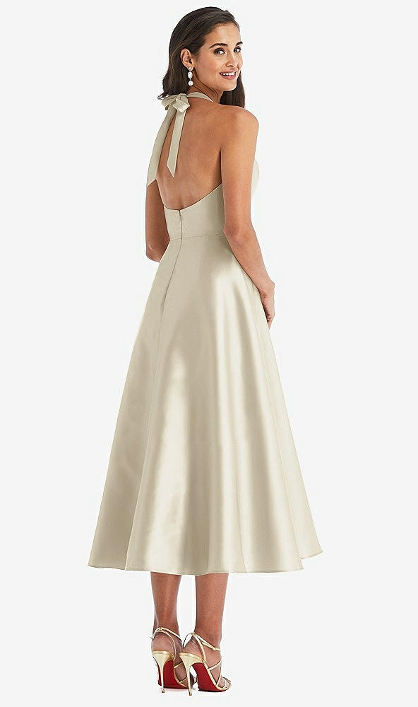 Back View - Champagne Tie-Neck Halter Full Skirt Satin Midi Dress