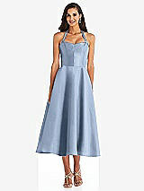 Front View Thumbnail - Cloudy Tie-Neck Halter Full Skirt Satin Midi Dress