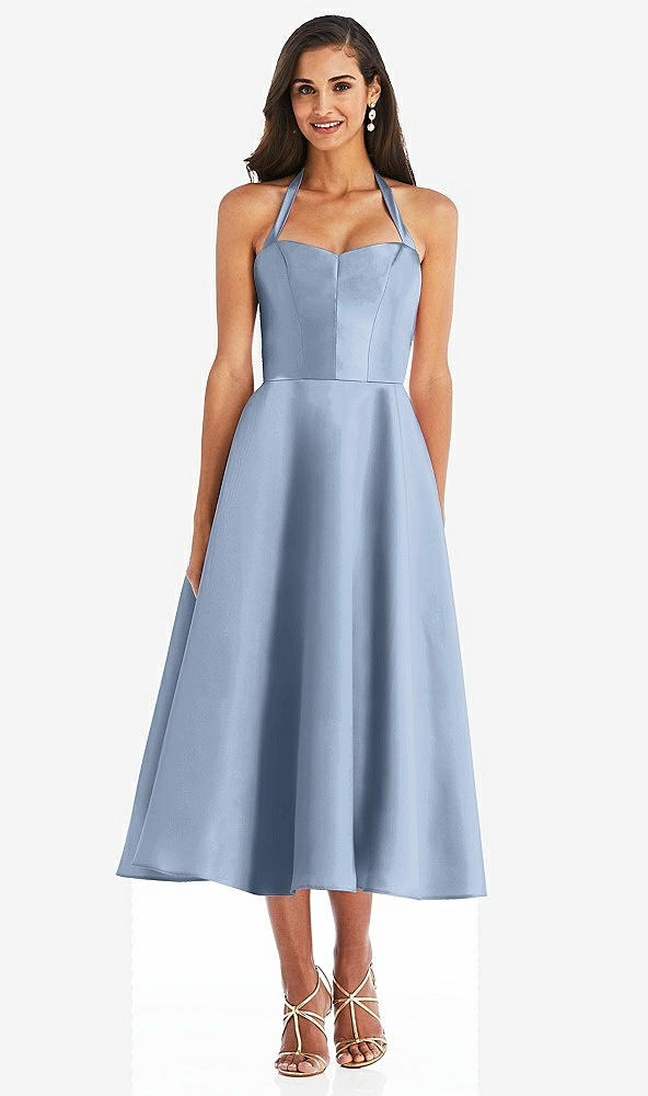 Front View - Cloudy Tie-Neck Halter Full Skirt Satin Midi Dress