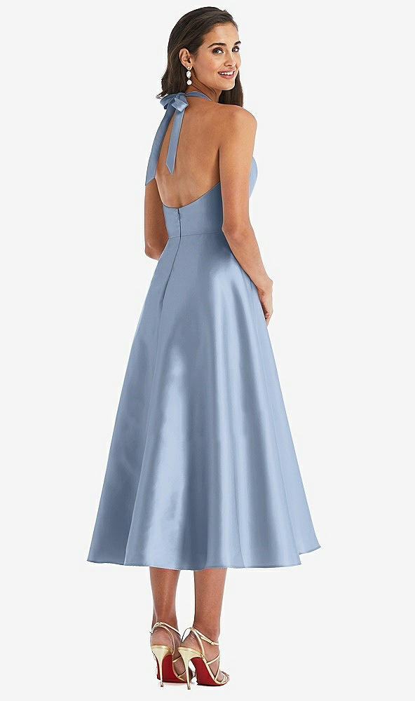 Back View - Cloudy Tie-Neck Halter Full Skirt Satin Midi Dress