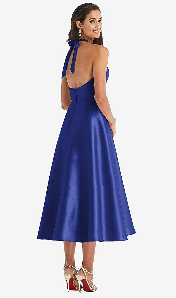 Back View - Cobalt Blue Tie-Neck Halter Full Skirt Satin Midi Dress