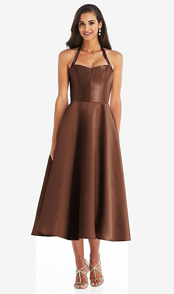 Front View - Cognac Tie-Neck Halter Full Skirt Satin Midi Dress