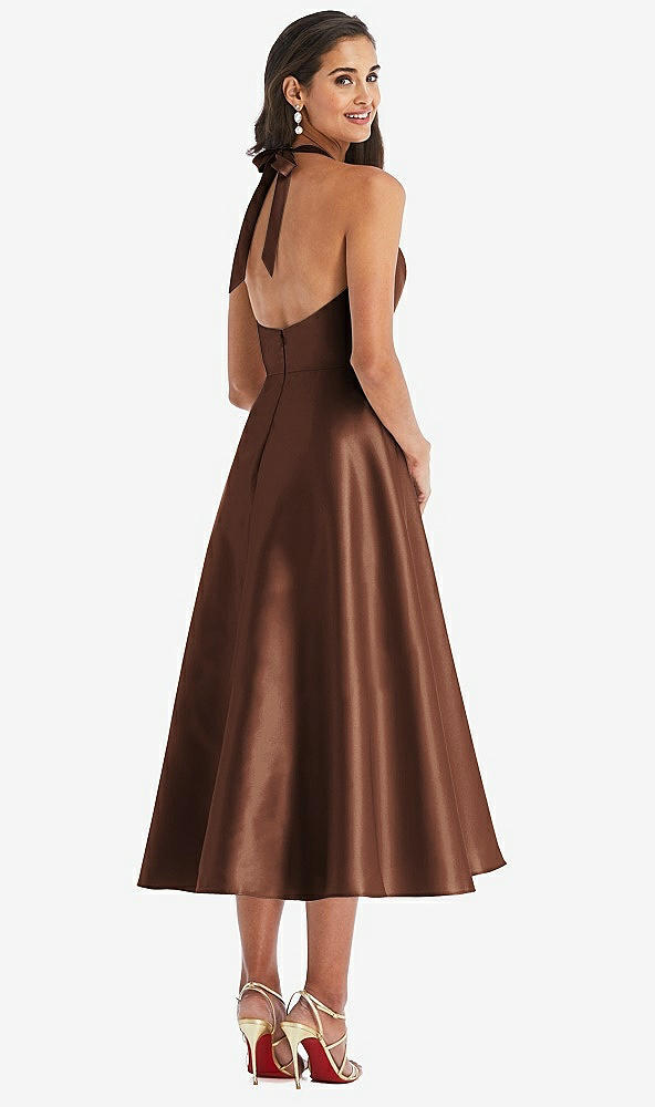 Back View - Cognac Tie-Neck Halter Full Skirt Satin Midi Dress