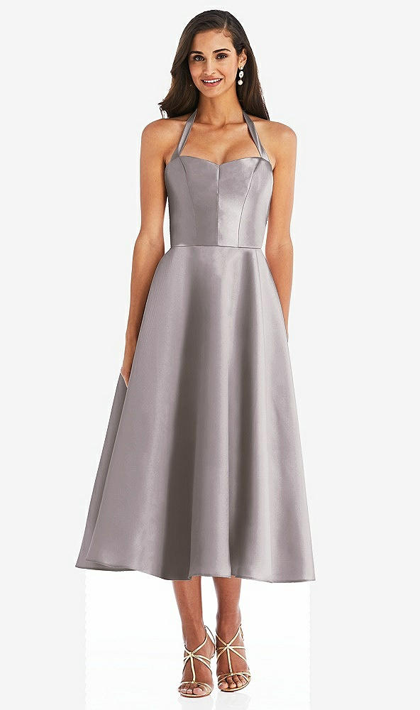 Front View - Cashmere Gray Tie-Neck Halter Full Skirt Satin Midi Dress