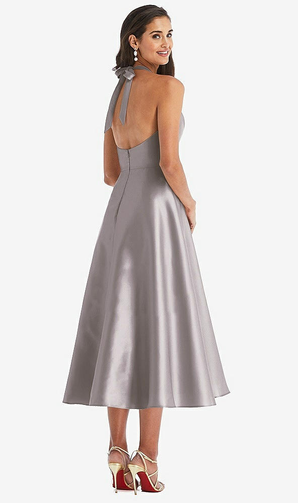 Back View - Cashmere Gray Tie-Neck Halter Full Skirt Satin Midi Dress