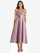 Front View Thumbnail - Dusty Rose Tie-Neck Halter Full Skirt Satin Midi Dress