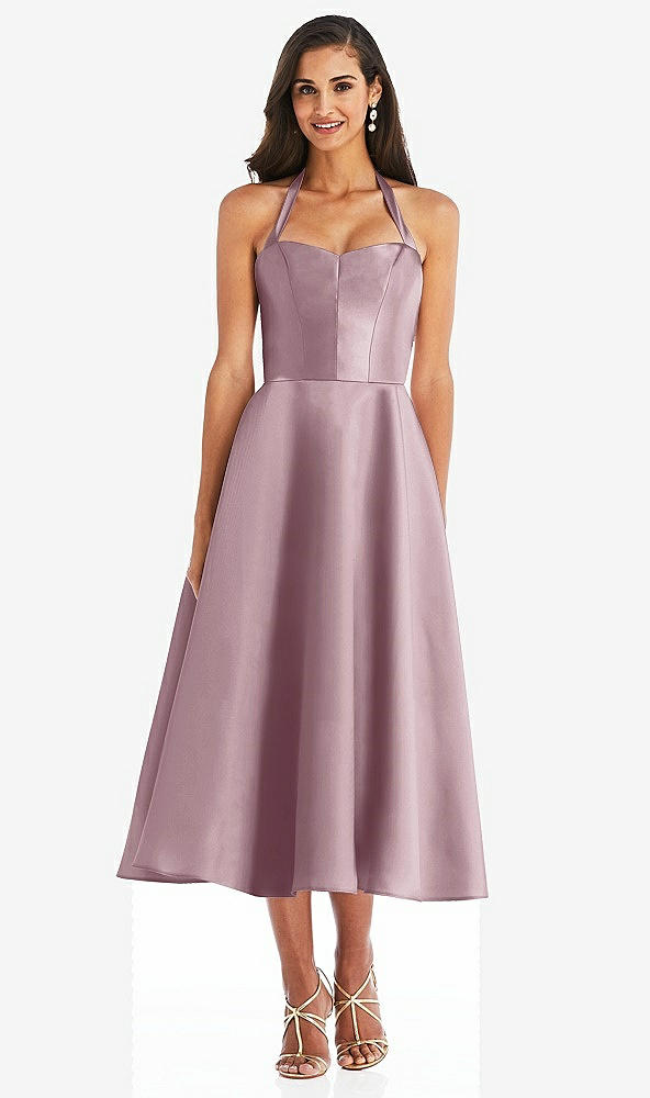 Front View - Dusty Rose Tie-Neck Halter Full Skirt Satin Midi Dress