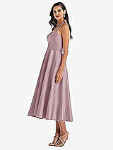 Side View Thumbnail - Dusty Rose Tie-Neck Halter Full Skirt Satin Midi Dress