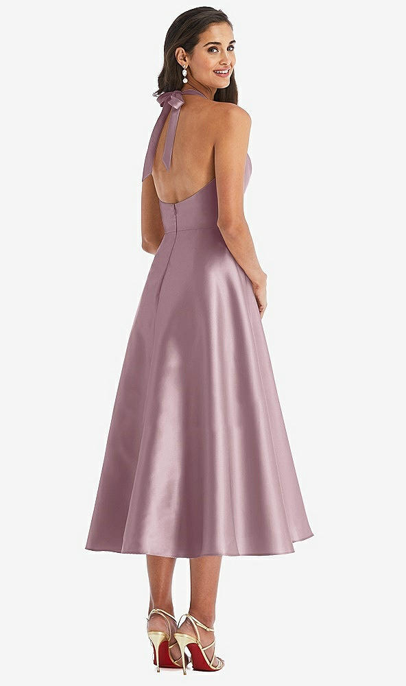 Back View - Dusty Rose Tie-Neck Halter Full Skirt Satin Midi Dress