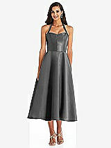 Front View Thumbnail - Gunmetal Tie-Neck Halter Full Skirt Satin Midi Dress