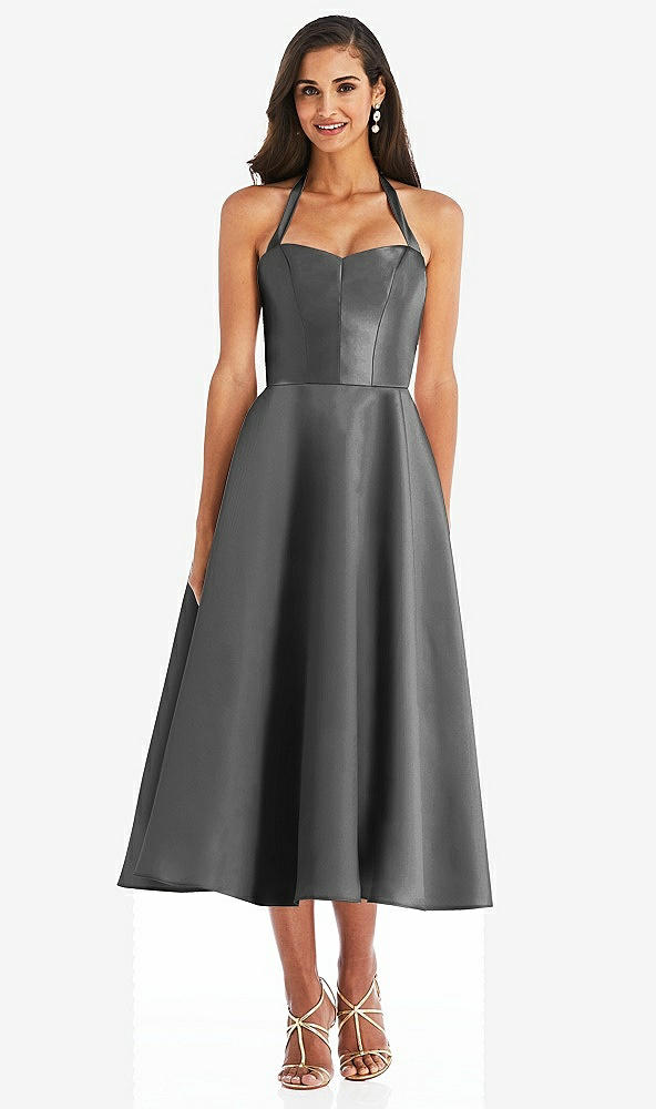 Front View - Gunmetal Tie-Neck Halter Full Skirt Satin Midi Dress