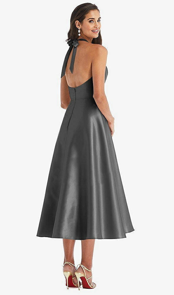 Back View - Gunmetal Tie-Neck Halter Full Skirt Satin Midi Dress