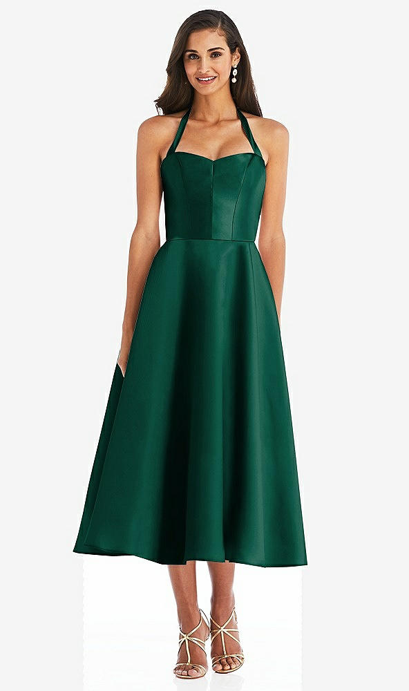 Front View - Hunter Green Tie-Neck Halter Full Skirt Satin Midi Dress