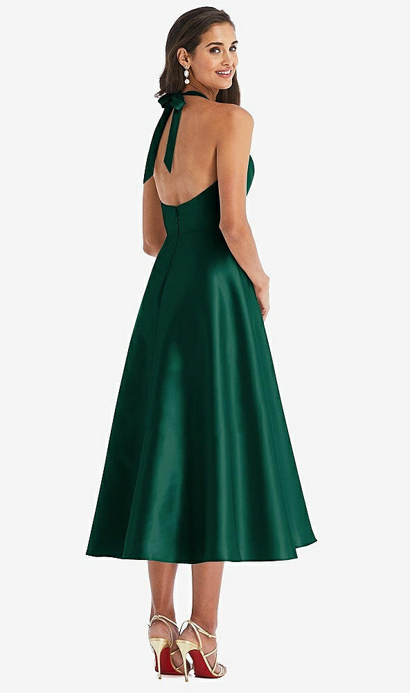 Back View - Hunter Green Tie-Neck Halter Full Skirt Satin Midi Dress