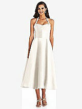 Front View Thumbnail - Ivory Tie-Neck Halter Full Skirt Satin Midi Dress