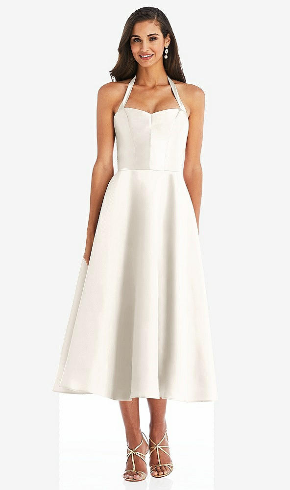 Front View - Ivory Tie-Neck Halter Full Skirt Satin Midi Dress