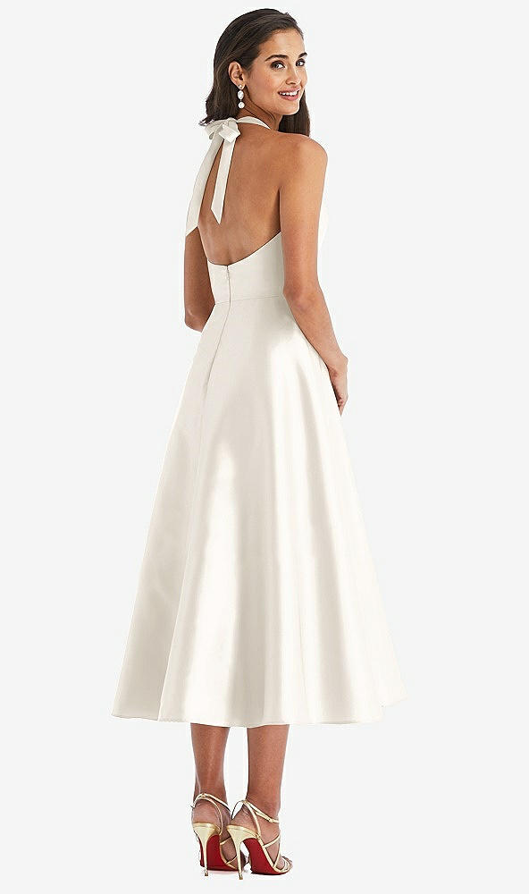 Back View - Ivory Tie-Neck Halter Full Skirt Satin Midi Dress