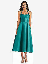 Front View Thumbnail - Jade Tie-Neck Halter Full Skirt Satin Midi Dress