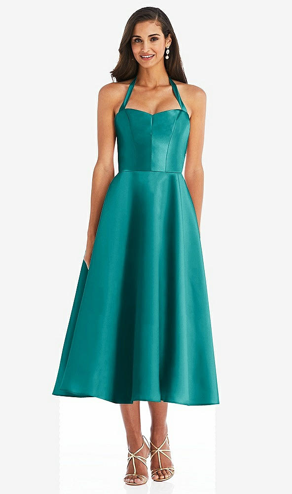 Front View - Jade Tie-Neck Halter Full Skirt Satin Midi Dress